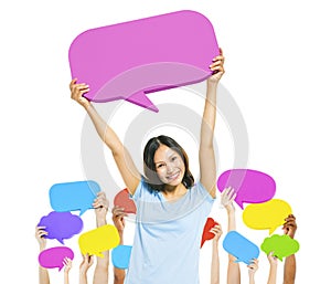 Lady and Group of Hands with Speech Bubbles