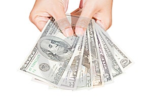 Lady hand holding dollars banknote