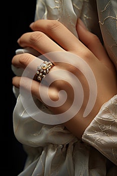 A lady hand with ring with perl, close up created ai