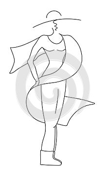 Lady in a hat with a big scarf. Black and white vector graphics. behind. Stock vector illustration. Isolate on a white photo