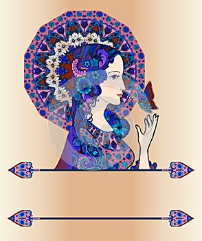 Lady in  hat and with butterfly. Book cover, poster