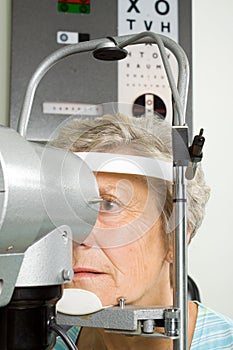 Lady having eye test examination
