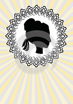 Lady head silhouette, black profile in ornate circle line frame