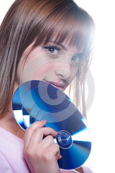 Lady holding a cd or dvd, isolated on white