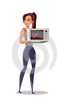 Lady holding microwave flat vector illustration