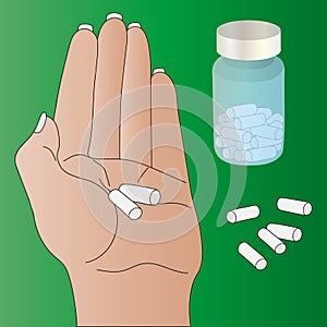 Lady holds medicine in the palm of her hand. Vector illustration. Female hand, pills and tube with medicines. Bright skin. 