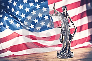Lady Justice and American flag. Symbol of law and justice with U