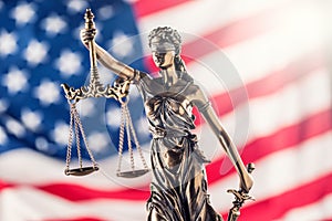 Lady Justice and American flag. Symbol of law and justice with U