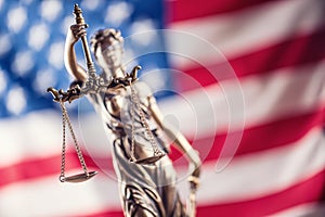 Lady Justice and American flag. Symbol of law and justice with U