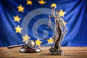 Lady Justice and European Union flag. Symbol of law and justice