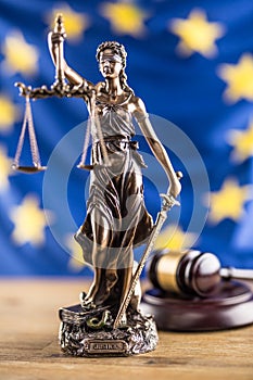 Lady Justice and European Union flag. Symbol of law and justice