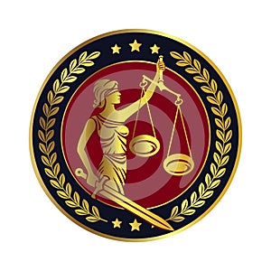 Lady Justice Themis Emblem. Personification of order, fairness, law, rule, statute.