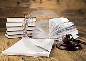 Lady of justice, Wooden & gold gavel and books