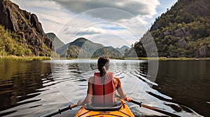 Lady kayaking in lake with beautiful landscape