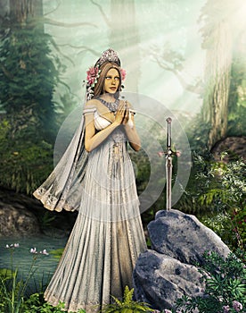 Lady of the Lake praying to the sword Excalibur photo