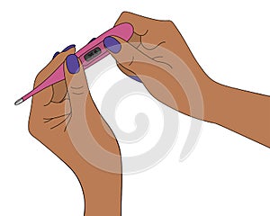 Lady Latino holds an electronic thermometer. Body temperature measurement. Result 36.6. Colored vector illustration.