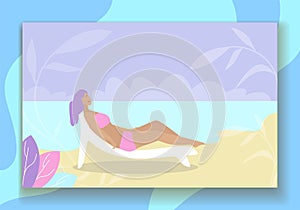 Lady Lies on Chaise Lounge Sunbathing on Beach