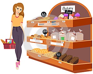 Lady looking at bakery in hypermarket. Woman with shopping cart chooses pastries at grocery store