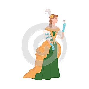 Lady in luxury historical costume of 18th century. Aristocratic Baroque and Rococo fashion cartoon vector illustration