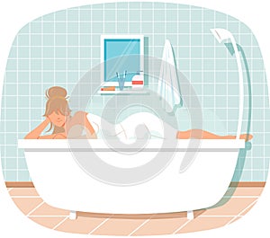 Lady lying in bathtub is relaxing in bathroom and bathing with steam and foam vector illustration