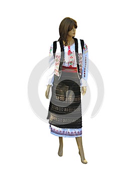 Lady Mannequin in national traditional balkanic, moldavian, romanian costume isolated over white photo