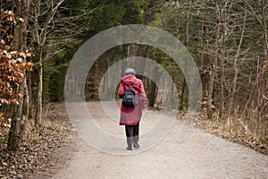 Lady in nice fashion outdoor  and red coat walking through a fall autumn forest scenery. Healthy and active senior in nature.