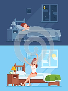 Lady sleeping under duvet at night, waking up in morning and stretching sitting on mattress. Woman sleep in bed cartoon