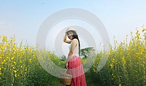 Lady picnic flowers field.