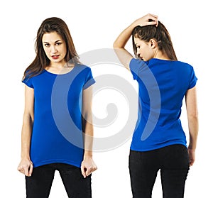lady posing with blank blue shirt