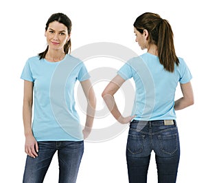 lady posing with blank light blue shirt