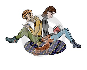 Lady reading and gentleman knitting on the carpet with a dog