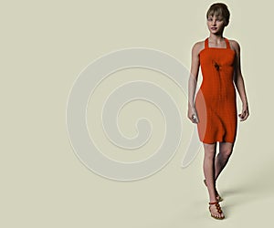 Lady in red dress. Person in the image is computer generated by 3D rendering. No model release is needed as the person