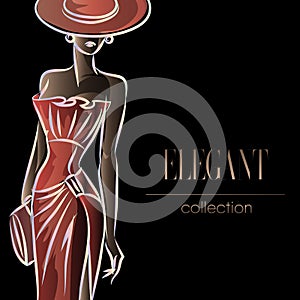 Lady in red, fashion woman silhouette, beautiful fashion model on black background logo illustration