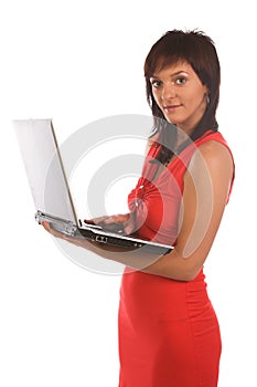 Lady in red with laptop