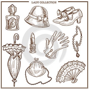 Lady retro clothes and woman vintage fashion accessories vector sketch icons
