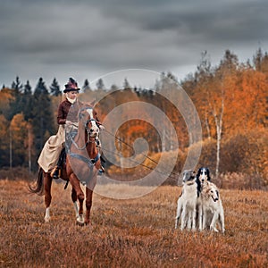 Lady in riding habbit with borzoy dogs