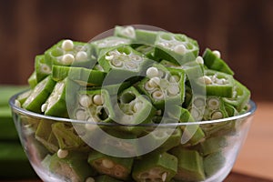Lady\'s finger or Okra slices in glass bowl