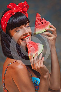 Lady at sea with watermelon