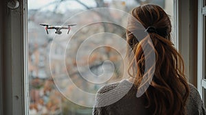 Lady Seeing A UAV Unmanned Aircraft Drone Flying Just Outside The Window of Her House