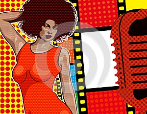 Lady singer soul music, red dress. Retro mic and vinyl on the background. Vector image