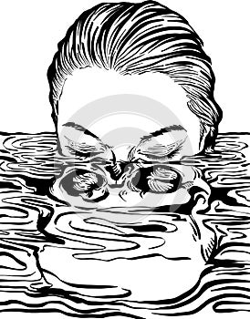 Lady is sinking into a water with skull reflection on water