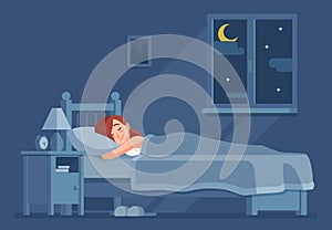 Lady sleeping at night. Woman sleep in bed under duvet cartoon vector concept