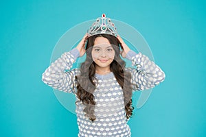 Lady small baby princess. Number one. Kid wear golden crown symbol of princess. Girl cute baby wear crown blue