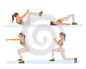 Lady in sportswear practicing fitness alone. Basic exercises for daily physical education