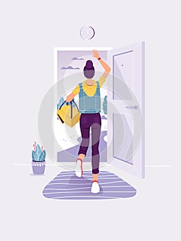 Lady staing in the doorway. Wooman running into open door. Exit and escape concept. Trendy flat vector illustration.