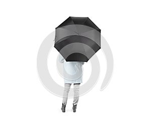 Lady stand backwards black blank umbrella opened mockup, clipping path
