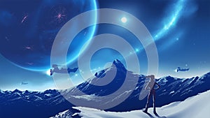 A lady standing on the peak looking at vast mountain scenery viewable of habitable planet in the sky, on an unknown planet