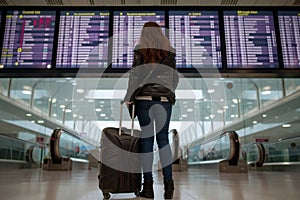 lady with suitcase under airport departure board