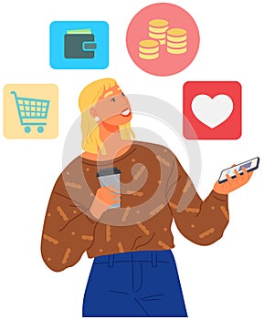 Lady surrounded by online shopping icons. Woman chooses goods in Internet store social media app