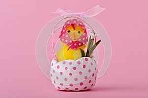 Lady teddy chick emerging from a cracked eggshell